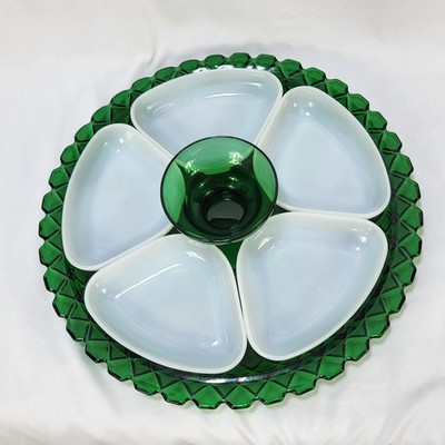 Vintage Anchor Hocking 7 Pc Relish Service Emerald Green Glass Milk Glass Set