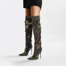 Women Over The Knee Boots Stiletto Camo Boots Pointed Toe Tight High Boots Heels