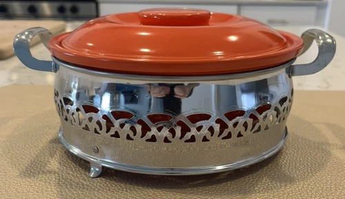 Vintage Fiesta Casserole Dish in Original Orange with Metal Carrier, with 8" LID