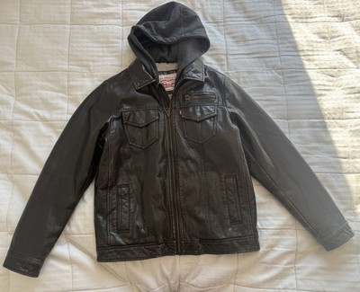 Levi's Faux Leather Motorcycle Jacket Hooded Sherpa Lined Brown Boys Youth Large