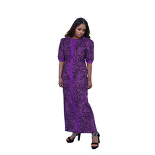 Elegant Women African Dress O-neck Short Puff Sleeve Long Maxi Bazin Riche