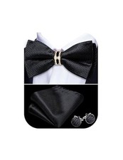 Mens Silk Bow Tie Pretied Bowtie with Gold Fashion Ring Pocket Black Stripe
