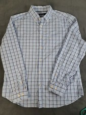 Nautica Mens Wrinkle Resistant Long Sleeve Button Down Blue Plaid L 100 Cotton