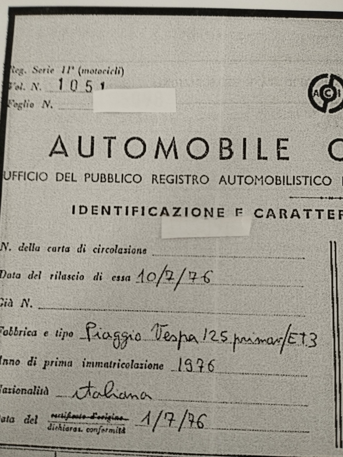 Vespa ET3 jeans Padova solo Visura+Cronologico