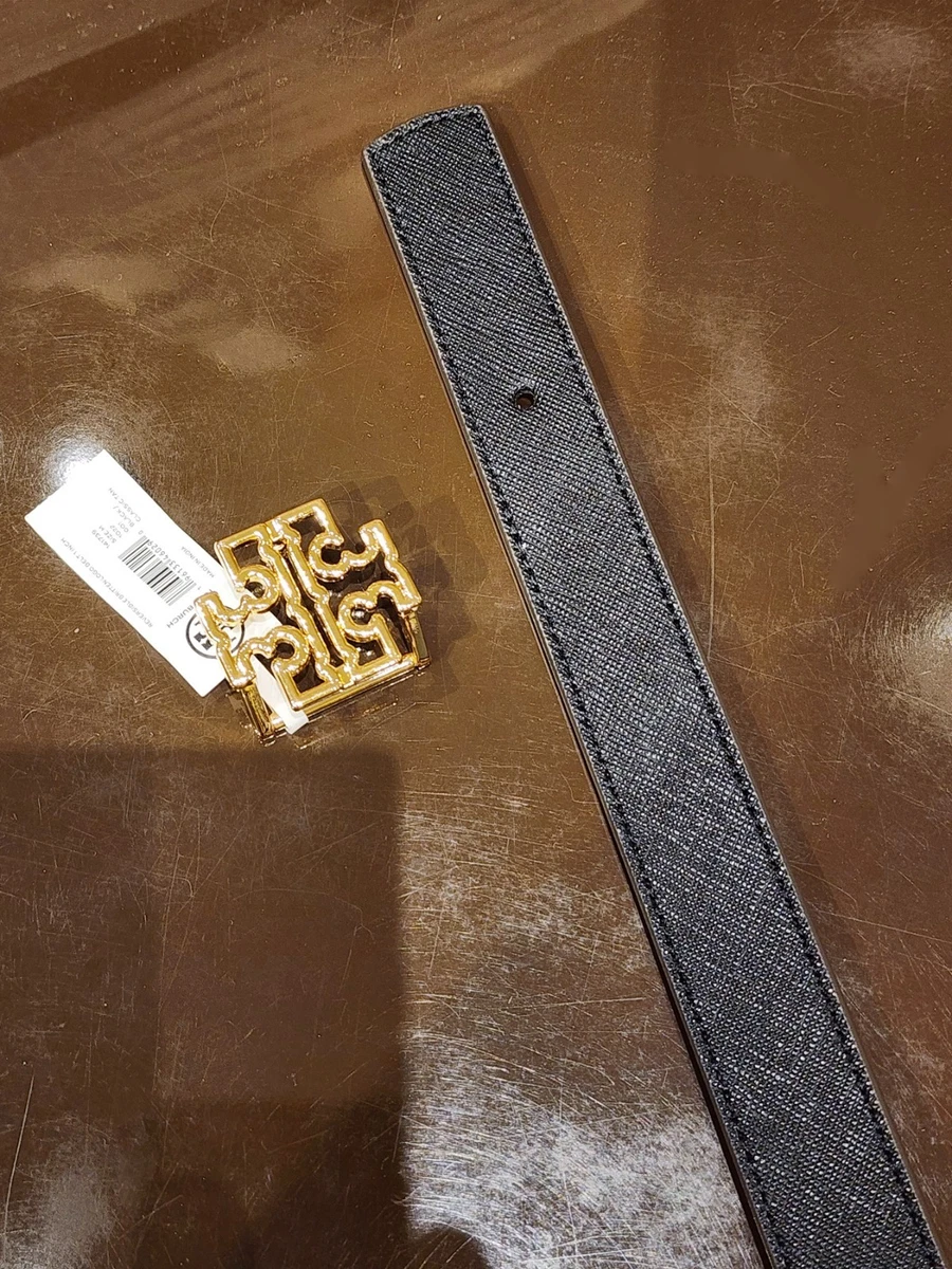 Tory Burch Britten 1" Reversible Logo Belt Black Tan Leather Size S M L 141739