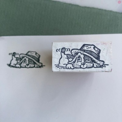 Puppy Dog under Hat , Wagging Tail -  Vintage Wood Mounted Stamp