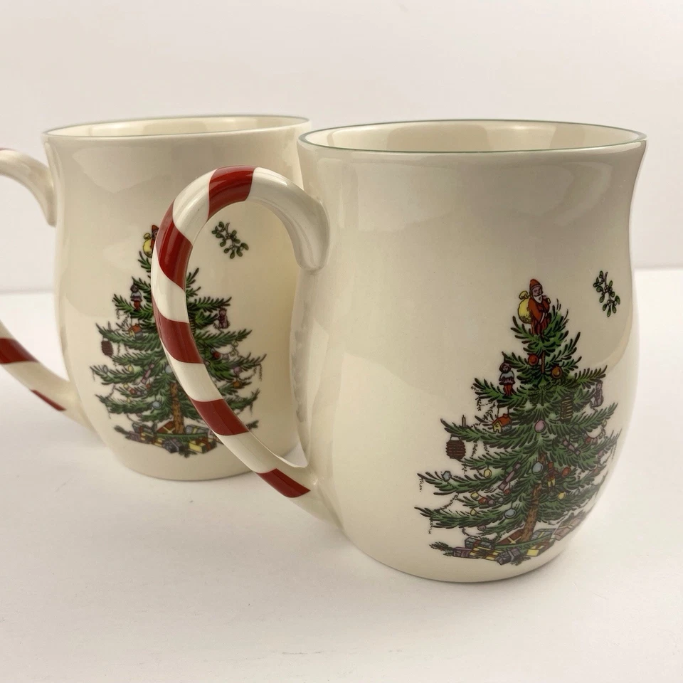 Spode Christmas Tree Mugs Set of Two Peppermint Red Striped Handles - Image 3 of 4