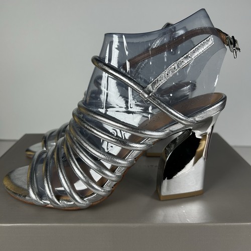 Halston Heritage Vanna Silber Metallic Leder einzigartige Absatz Sandalen Größe 7 - Bild 5 von 9
