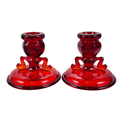 Fenton Dolphin Ruby Red Single Candlesticks Round Base Embossed Flowers Set of 2