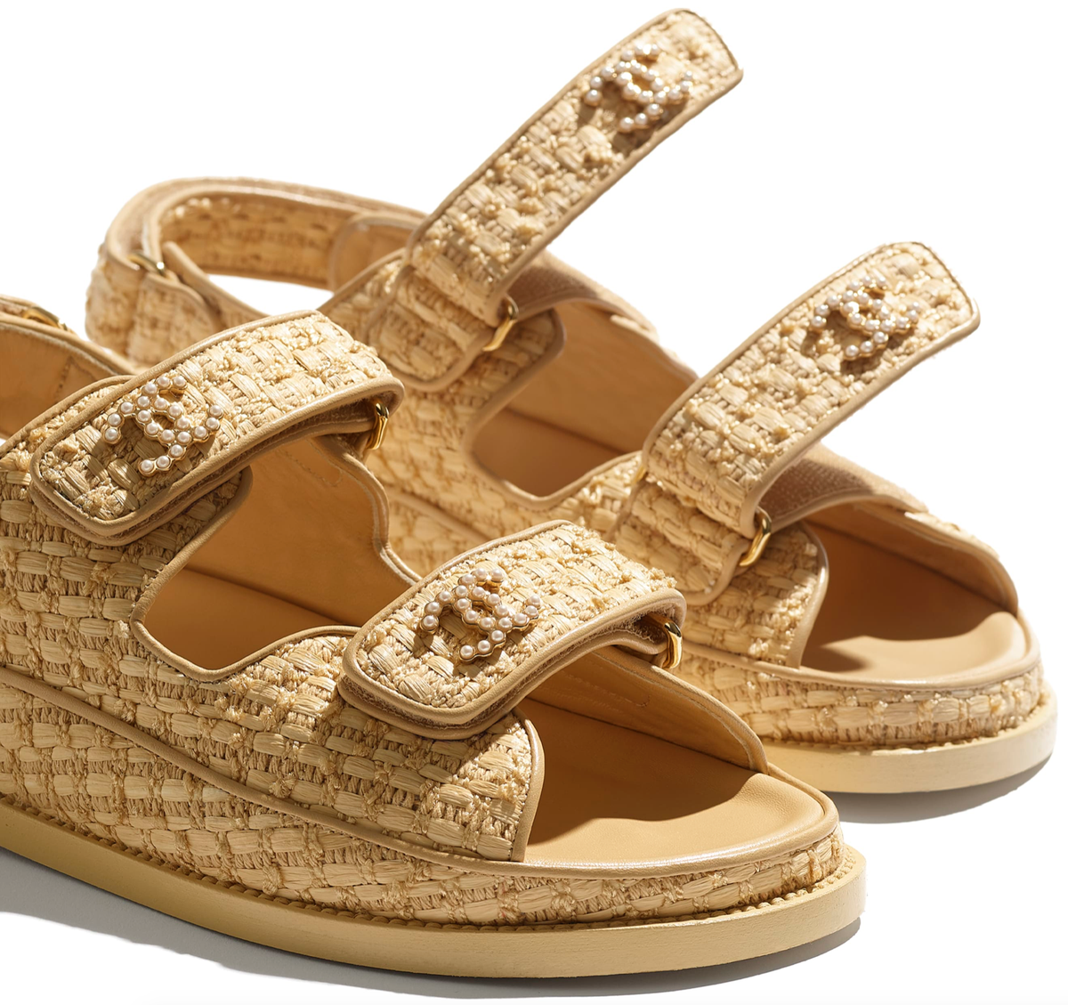 Chanel 21C Beige Raffia Pearl CC Logo Mule Slide Strap Flat