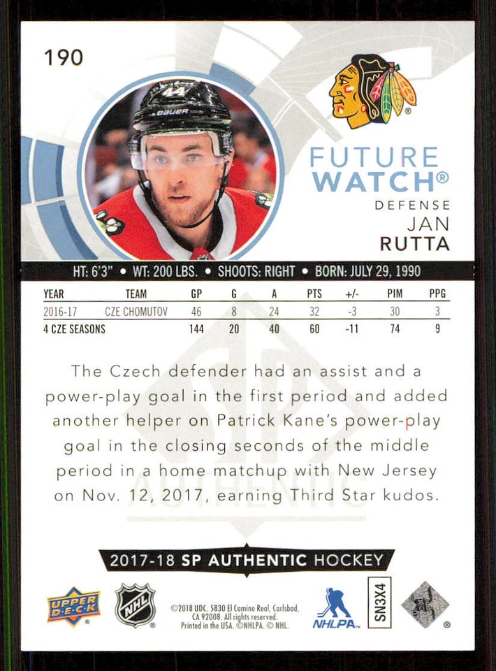 2017-18 SP Authentic #190 Jan Rutta FW RC /999 - Image 2 of 2