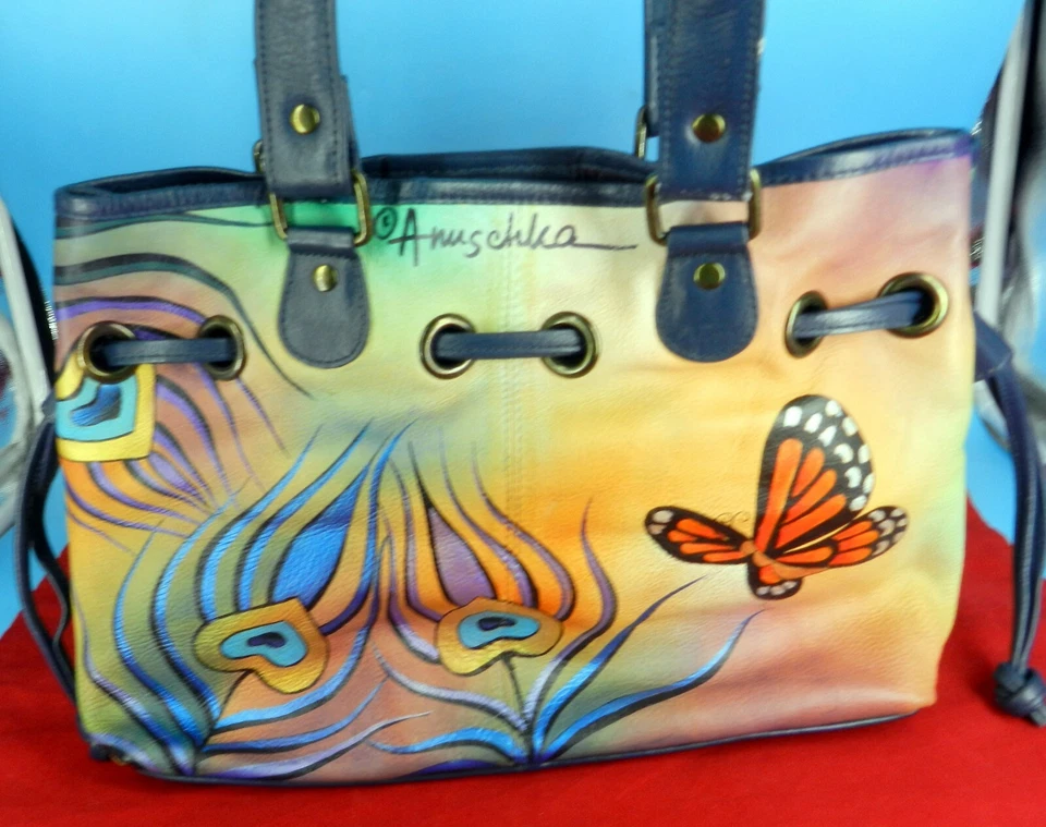 ANUSCHKA HAND PAINTED PEACOCK BUTTERFLY LEATHER PURSE HANDBAG +2 SMALL ACCESSORY