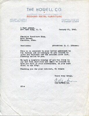 ST. CHARLES, IL & NY ~ The Howell Co., Modern Metal Furniture ~ LETTERHEAD 1941