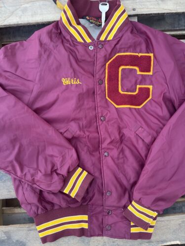 VINTAGE 70s 80s Football Varsity Jacket Size XL Dakota Illinois USA Satin  Maroon