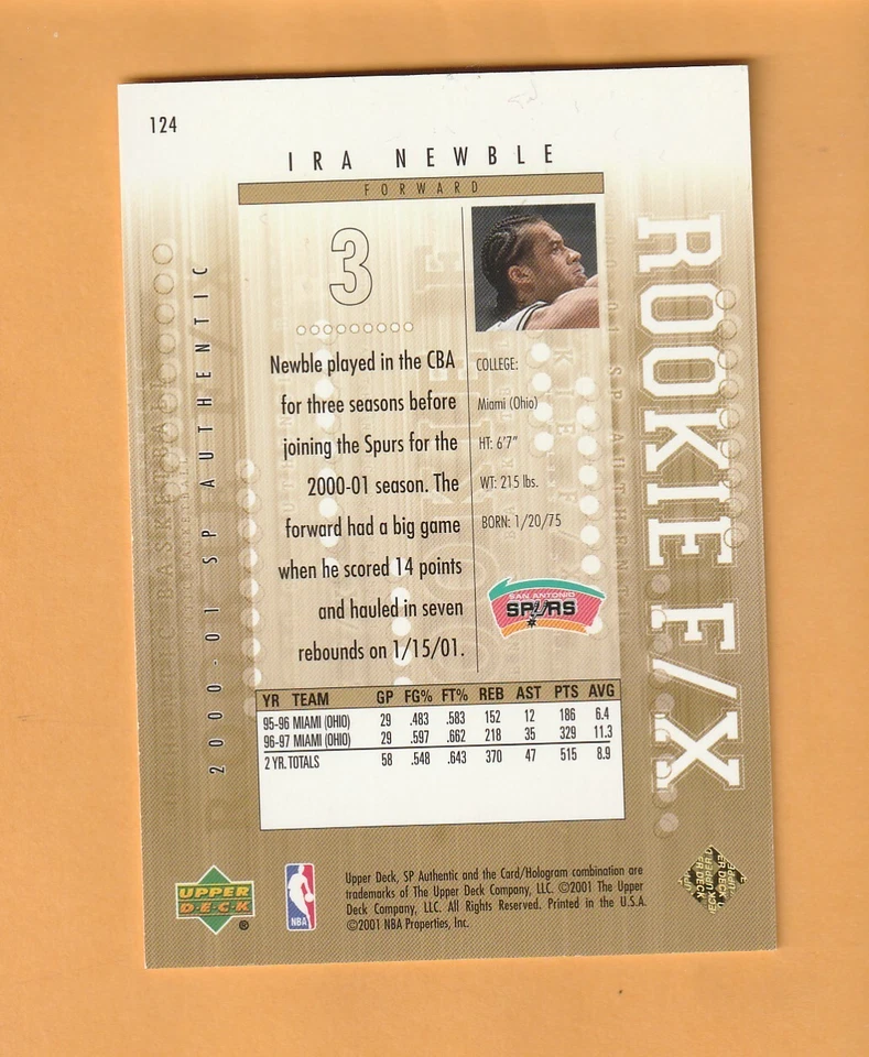 Ira Newble San Antonio Spurs 2000-01 SP Authentic #124/2000 RC Miami Ohio 6G - Image 2 of 2