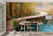 3D Forest Path Lake ZHUA46706 Wallpaper Wall Murals Removable Self-adhesive Ann