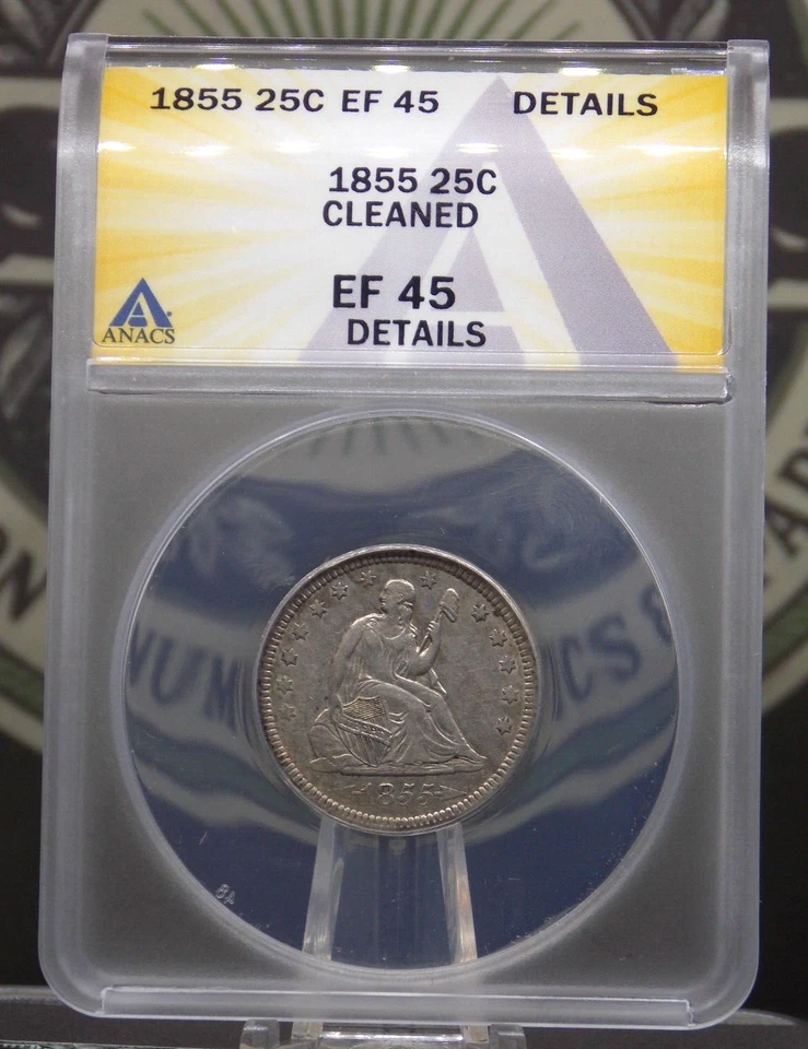 Cuarto libertad sentada 1855 "P" *FLECHAS* 25c ANACS EF45 XF detalle #183 ECC&C Inc Foto 3 de 4