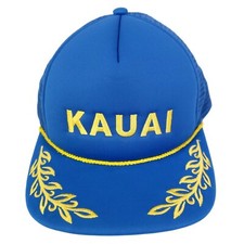 KAUAI Hawaii Hat Vintage SnapBack Trucker Cap Blue Gold Trim Rope Foam Mesh Back