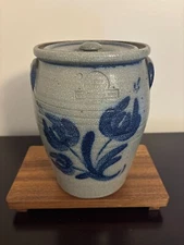 Rowe Pottery Blue Floral Salt Glaze 10"H Crock with Lid