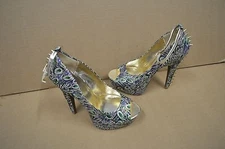 Sexy Women's Peacock Print Open Toe Platform High Heels Brass Spikes 5.5" Heels 