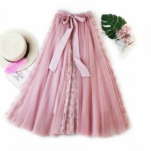 Damen Lolita Netz Rock Tüll Spitze Plissiert Midi Kleid A-Linien Hohe Taille - Bild 3 von 15