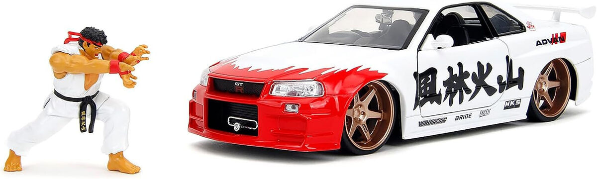 Jada 1:24 2002 Nissan Skyline GT-R R34 and Ryu Figure Street Jada 1:24 2002 Nissan Skyline GT-R R34 and Ryu Figure Street