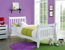 White Wooden Sleigh Bed Frame 3FT Single Solid Pine Memory Foam Mattress Bed