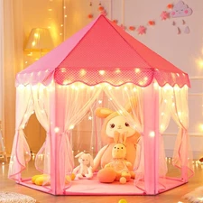 Princess Castle Play Tent for Girls, Large Hexagon Playhouse w/ Star Lights