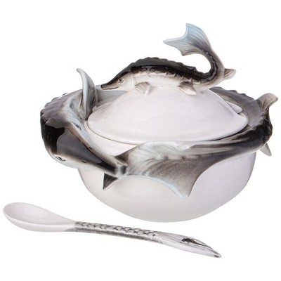 Lefard Sturgeon Round Porcelain Caviar Dish with Lid 5x4.3''