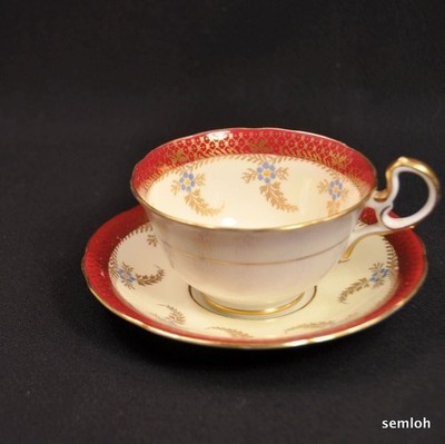 Aynsley Doris Handle Cup & Saucer Hand Painted Blue Flowers Red w/Gold 1934-1939
