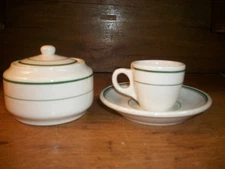 THREE PIECE LOT OF BUFFALO CHINA SUGAR BOWL SAUCER DEMITASSE CUP GREEN BANDED