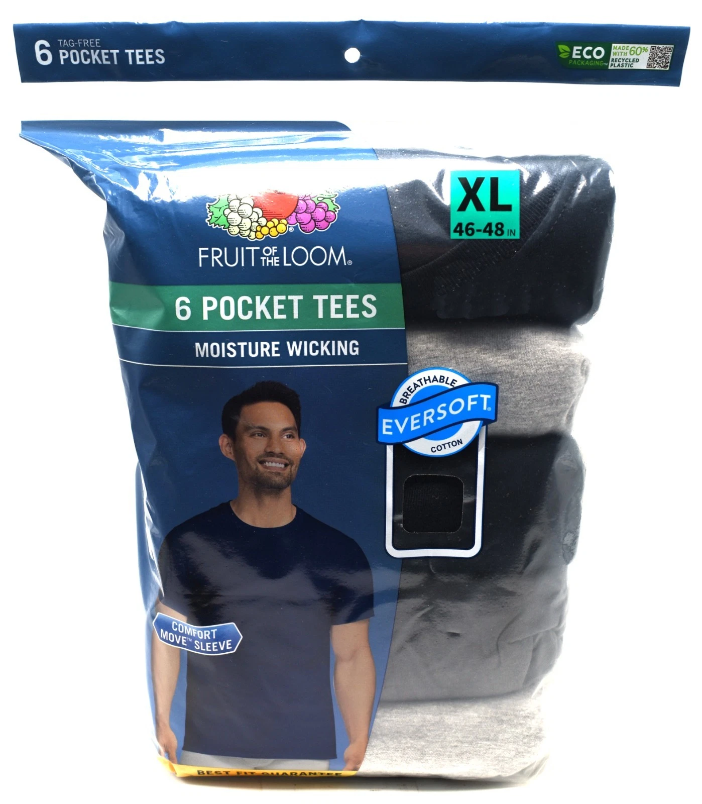 6 Fruit Of The Loom XL 46-48 Black Gray Pocket T-Shirts EG 117-122 CM