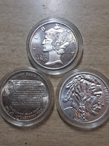 3 OZ. SILVER ONE BUFFALO ROUND ONE MERCURY DIME ROUND , ONE CONSTITUTIONAL ROUND