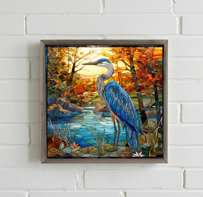 Blue Heron Wood Framed Block Sign for Wall or Shelf 7.8 Inch Square