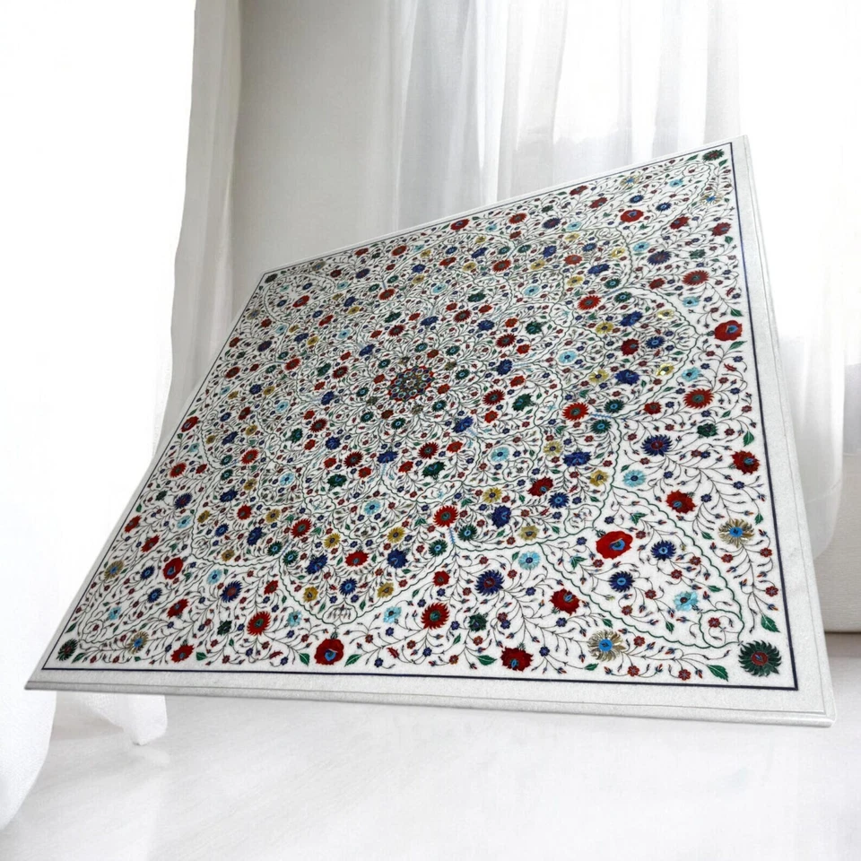 36" White Marble Inlay Table Top | Handmade Square Dining Table | Gemstone Decor - Image 2 of 4