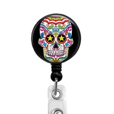 Sugar Skull Star Eyes Badge Reel Retractable Badge Holder, 391G