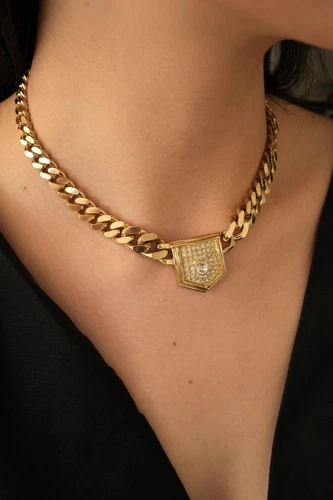 Vintage Christian Dior Gold Chain Necklace Shield Charm Sparkling Rhinestones