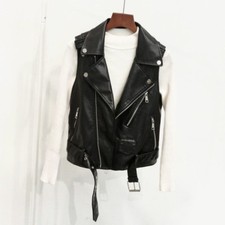 femmes simili cuir noir gilet sans manche motard veste sans manche haut vintage