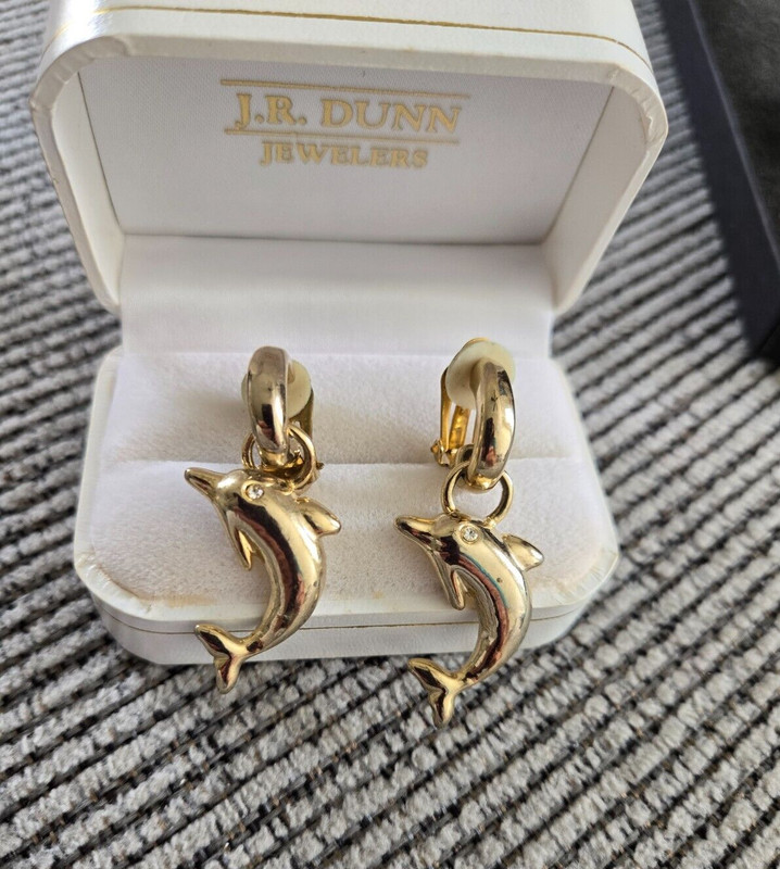 Vintage Clip on Earrings Gold Tone Dangle Drop Dolphin Earrings