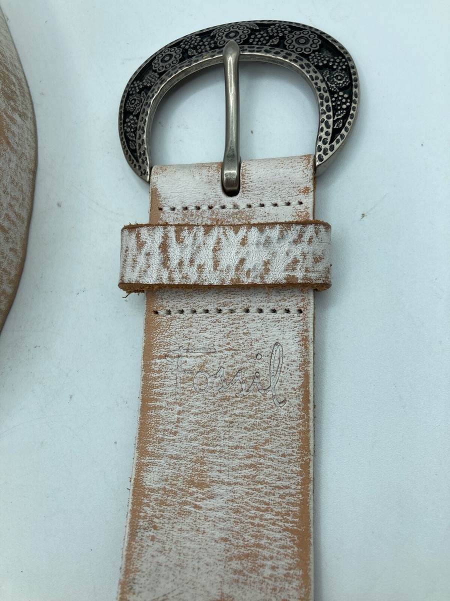 Fossil Belt Genuine Leather Gold Silver White Boho Western Sz L NWOT Unique Gift Fossil Women Leather Belt Boho White Gold Silver Link Flower  main image 2