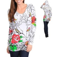 Long Sleeve White Pullover Hoodie Multicolor Graphic Print Tee Top