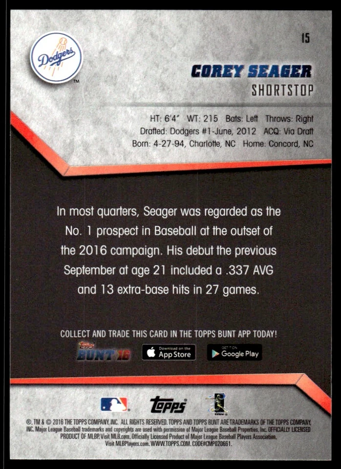 2016 Topps Bunt RC Corey Seager Rookie Los Angeles Dodgers #15 R81 - Image 2 of 2
