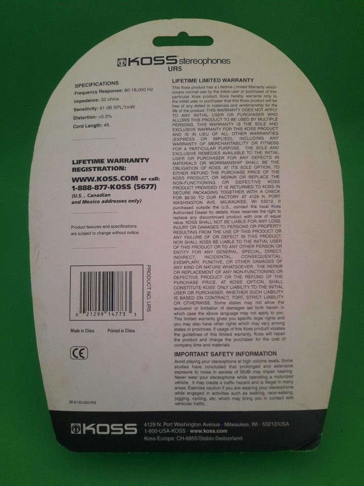 Koss UR5 On Ear Adjustable Stereo Headphones, UR5 New Sealed 4 Ft Cord Wired eBay