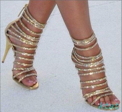 Womens Sexy Gold Strappy High Heels Lady Back Zipper Party Open Toe Sandals  Shoe | eBay