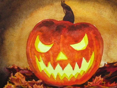 Painting Halloween Pumpkin Jack O Lantern Face Candle Light Fall