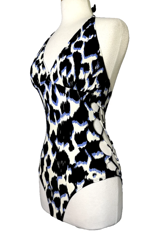 Nuevo Traje de Baño LA BLANCA Una Pieza Negro Púrpura Blanco Estampado Lados Abiertos Talla 6 Foto 2 de 4