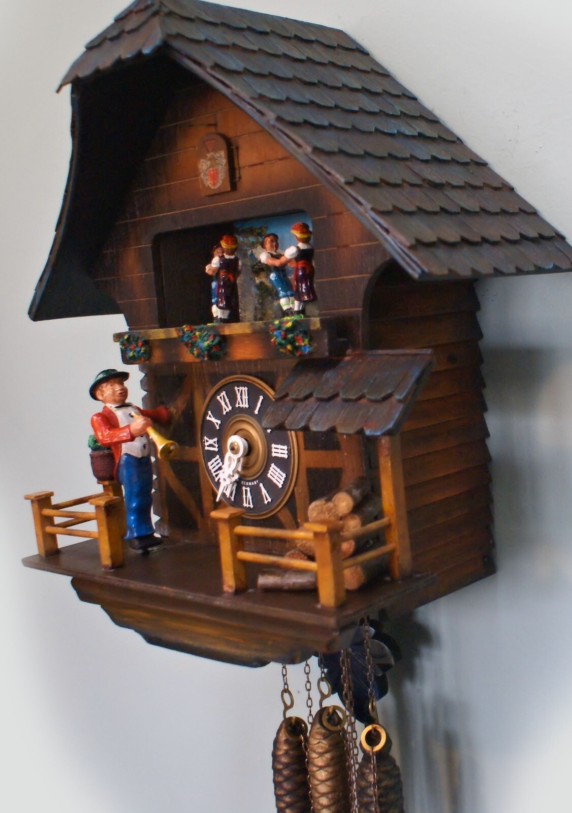 Trumpeter cuckoo clock Germany black forest vintage one of a kind
