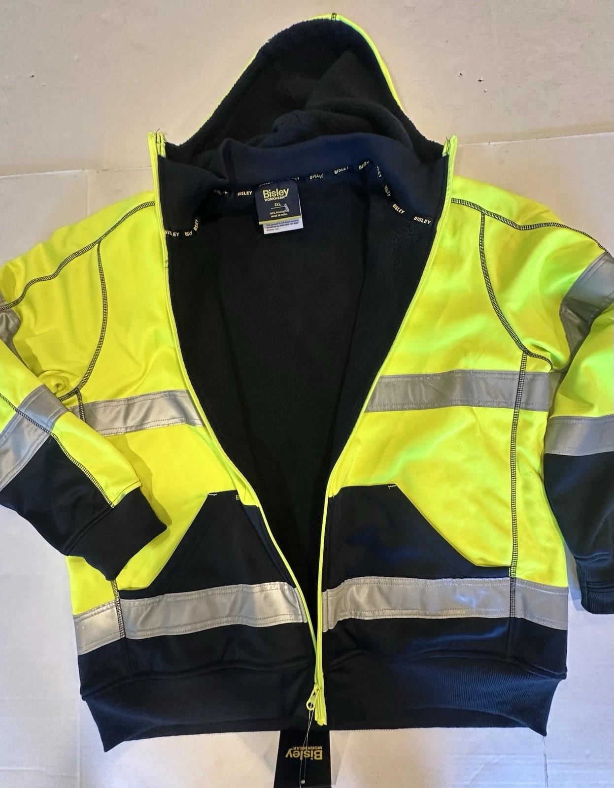 Bisley Workwear Jacket Hooded Zipper ANSI 107 R Class 3 Yellow Navy Reflect 2XL - product detail image 23