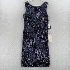 Adrianna Papell Dress Womens 10 Navy Sequin Sheath Sleeveless Knee Length Party