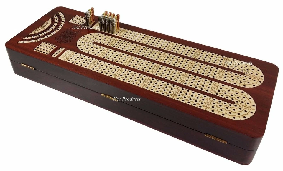 14" 4 TRACK CONTINUOUS Cribbage Board BLOODWOOD Skunks Corner Games Won Hinge Bx - Image 4 of 4